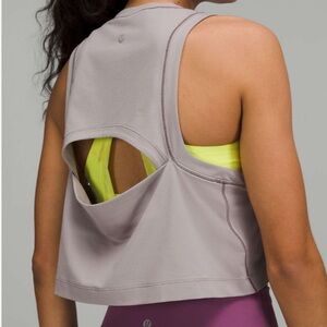 Lululemon Open-Back Cropped Training Tank Top in Mauve Grey / Shadow Grey